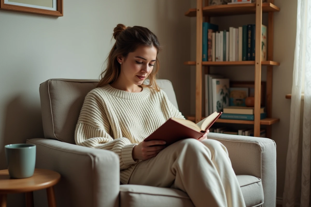 Femme lisant confortablement dans un fauteuil abordable en tissu dans un salon modeste et chaleureux