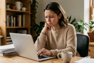 Femme frustrée lisant des avis négatifs sur son ordinateur portable à son bureau à domicile