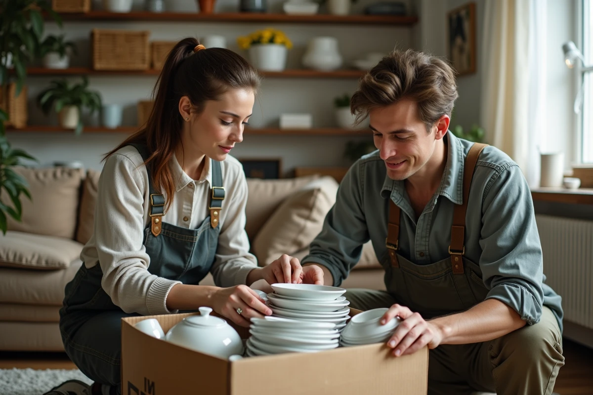 Femme et jeune homme triant des objets vintage dans un salon lumineux