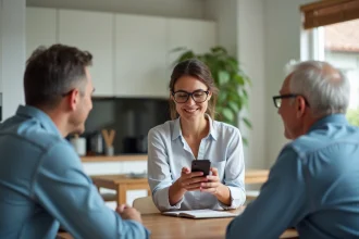 Jeune femme professionnelle montrant une application immobiliere