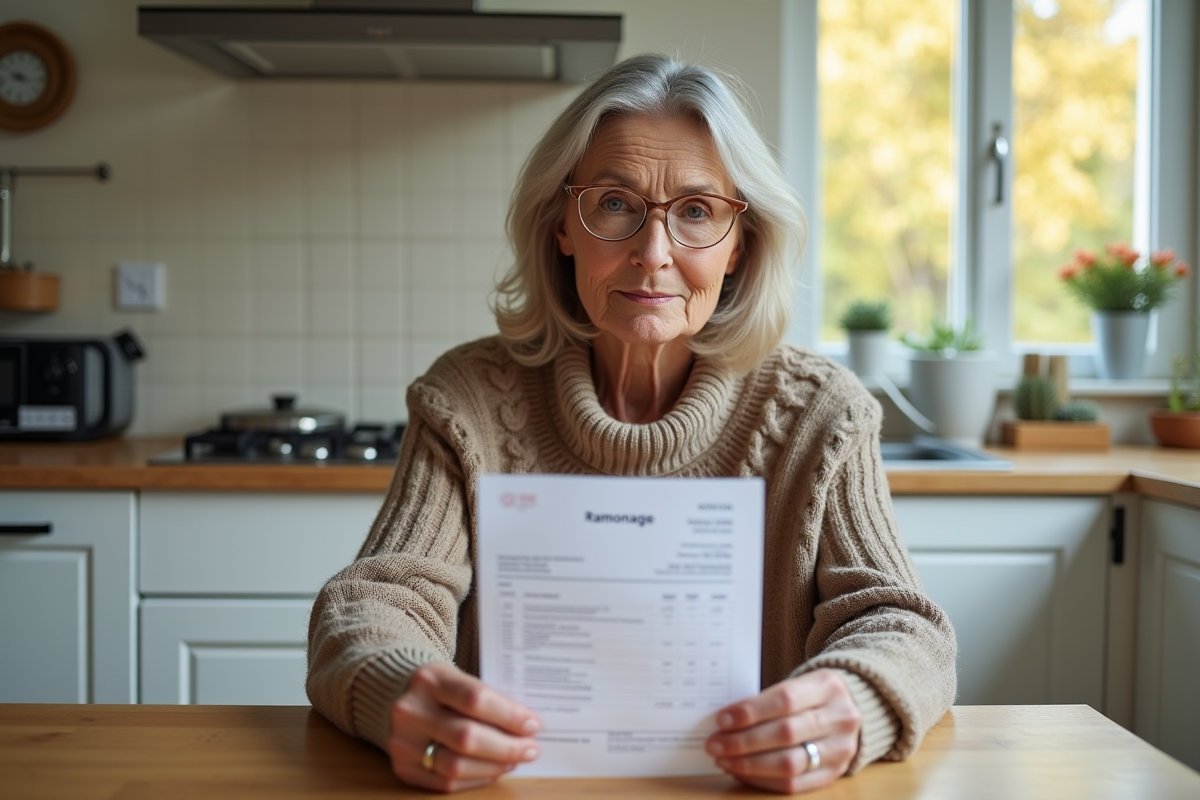 Femme française étudie une facture de ramonage dans sa cuisine lumineuse