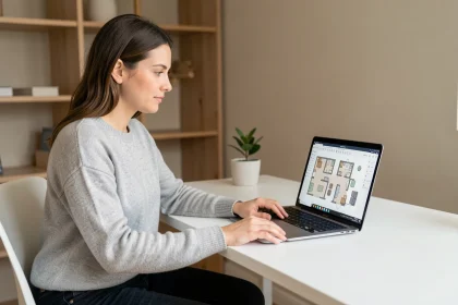 Femme utilisant le logiciel Kazaplan de Leroy Merlin sur un ordinateur portable pour concevoir un plan de maison