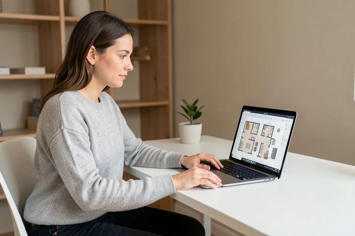 Femme utilisant le logiciel Kazaplan de Leroy Merlin sur un ordinateur portable pour concevoir un plan de maison