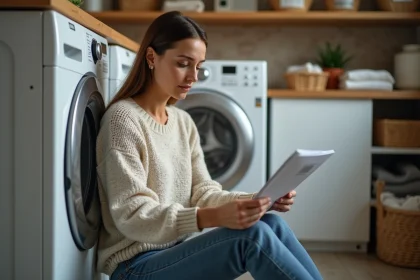 Femme lisant un manuel près d'une machine à laver moderne