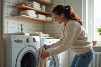 Femme déchargeant un lave-linge dans une buanderie chaleureuse