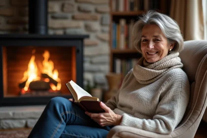 Femme assise lisant pr&egrave;s du feu dans un salon chaleureux