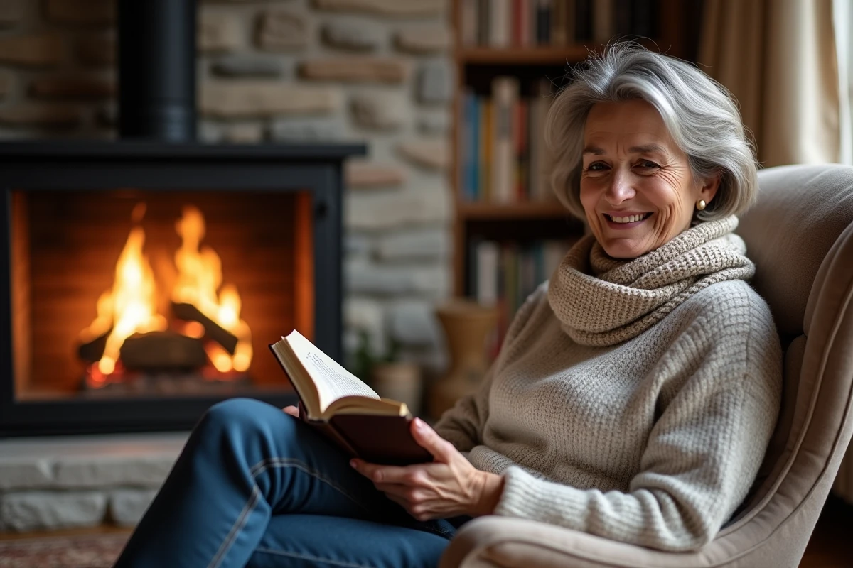 Femme assise lisant près du feu dans un salon chaleureux