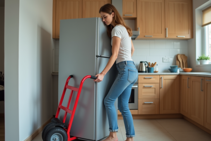 Jeune femme en cuisine manipulant un frigo avec un chariot rouge