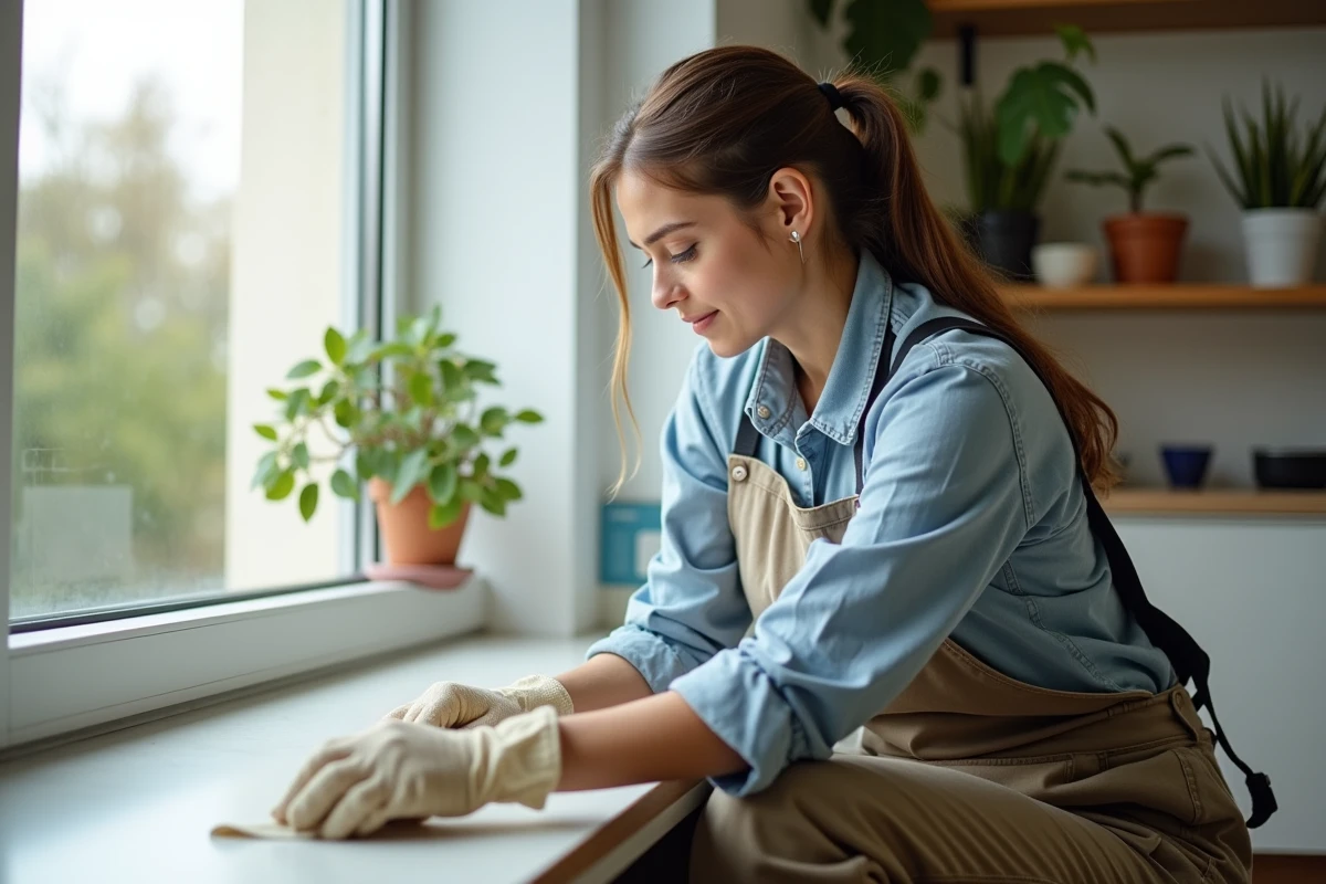 Jeune femme posant du ruban de masquage sur une fenetre
