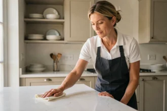 Femme de ménage professionnelle essuyant un plan de travail dans une cuisine moderne à Orvault