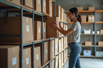 Femme organisant des cartons dans un garage propre