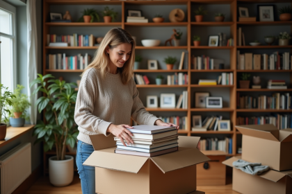 Femme organisée dans sa bibliothèque en train de ranger des livres