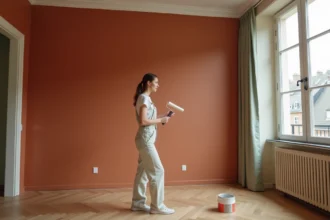 Femme peignant un mur en terracotta dans un appartement haussmannien parisien, hésitant entre tendance déco et style intemporel