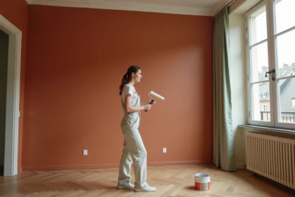 Femme peignant un mur en terracotta dans un appartement haussmannien parisien, hésitant entre tendance déco et style intemporel