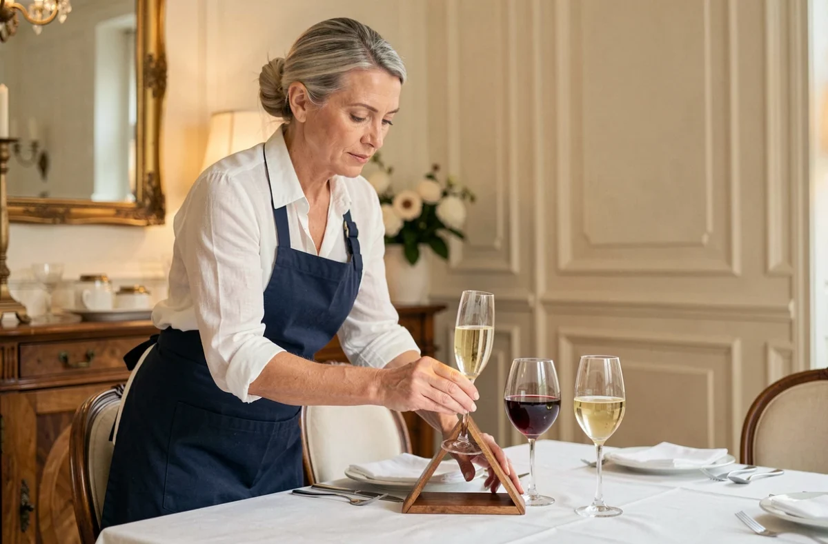 Femme plaçant des verres à table selon les règles de l'étiquette française dans une salle à manger parisienne