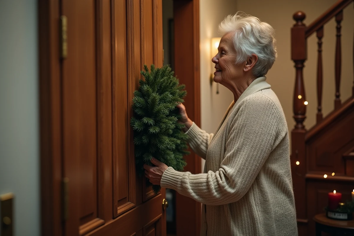 Femme &acirc;g&eacute;e accrochant une couronne de No&euml;l &agrave; la porte d