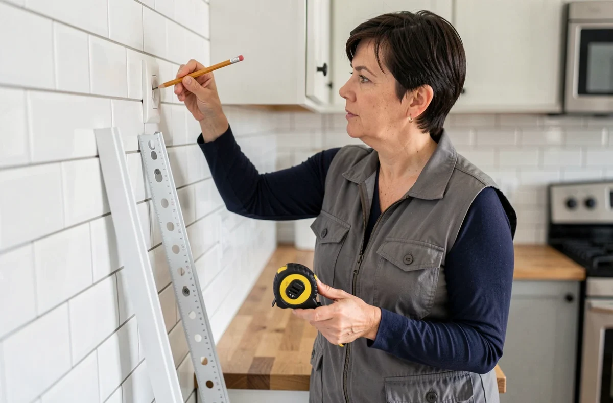 Femme bricolant la pose d'une goulotte avec prise de courant intégrée dans une cuisine rénovée
