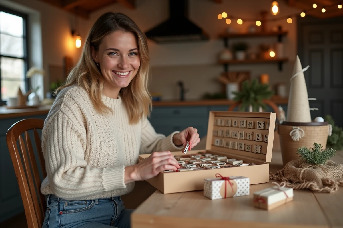 Femme souriante préparant un calendrier de l'avent fait main