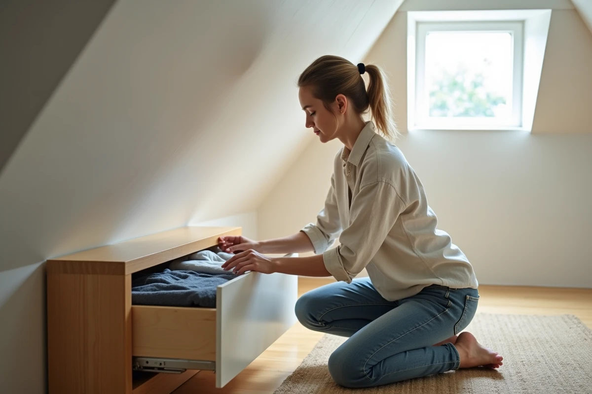 Femme rangeant des vêtements dans un meuble bas sous pente dans une chambre mansardée minimaliste