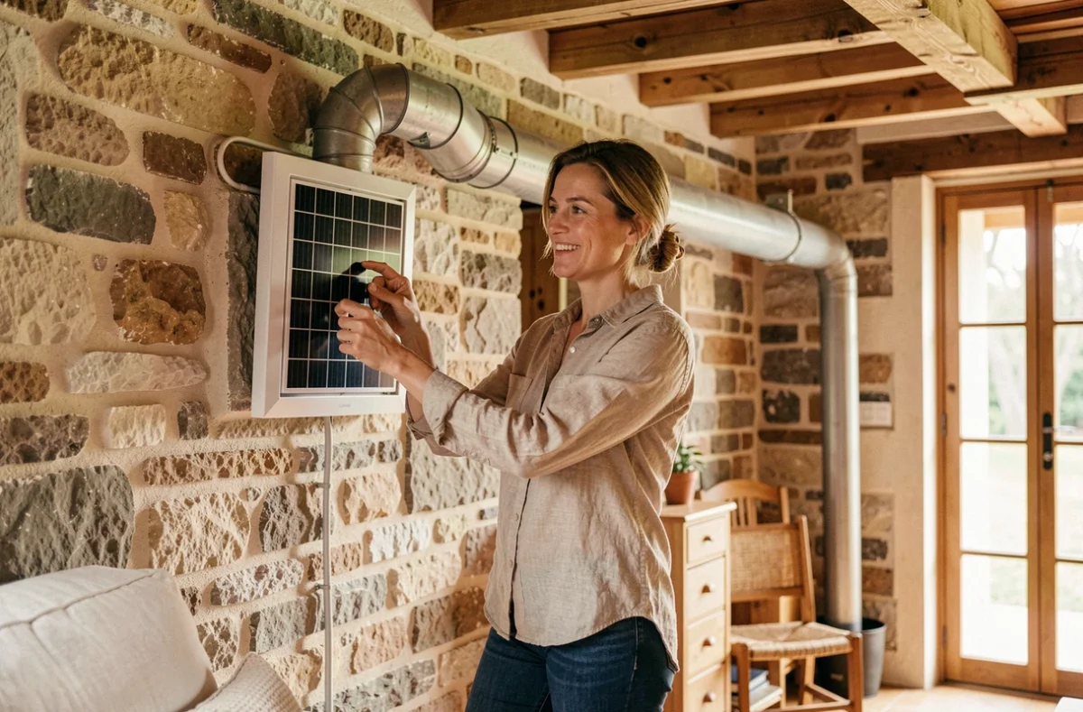 Femme réglant la grille de ventilation d'un système solaire à air chaud dans une maison en pierre