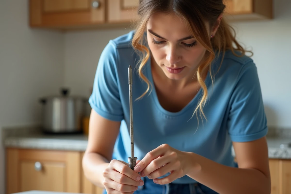 Jeune femme en cuisine réparant avec tournevis