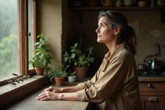 Femme contemplative dans une cuisine rustique observant des mouches
