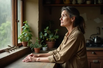 Femme contemplative dans une cuisine rustique observant des mouches