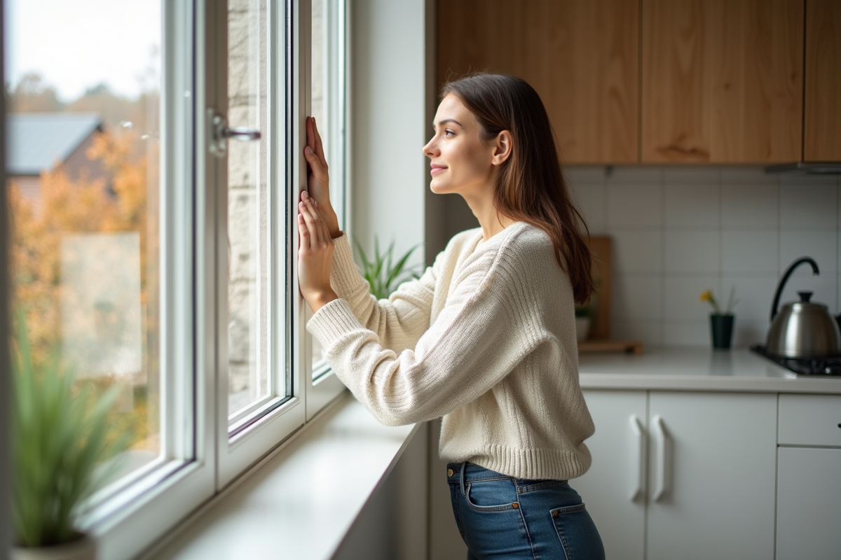 Jeune femme calfeutrant une fenêtre dans la cuisine