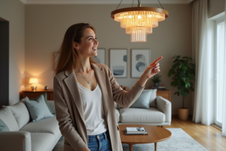 Femme souriante pointant vers un chandelier moderne dans un salon