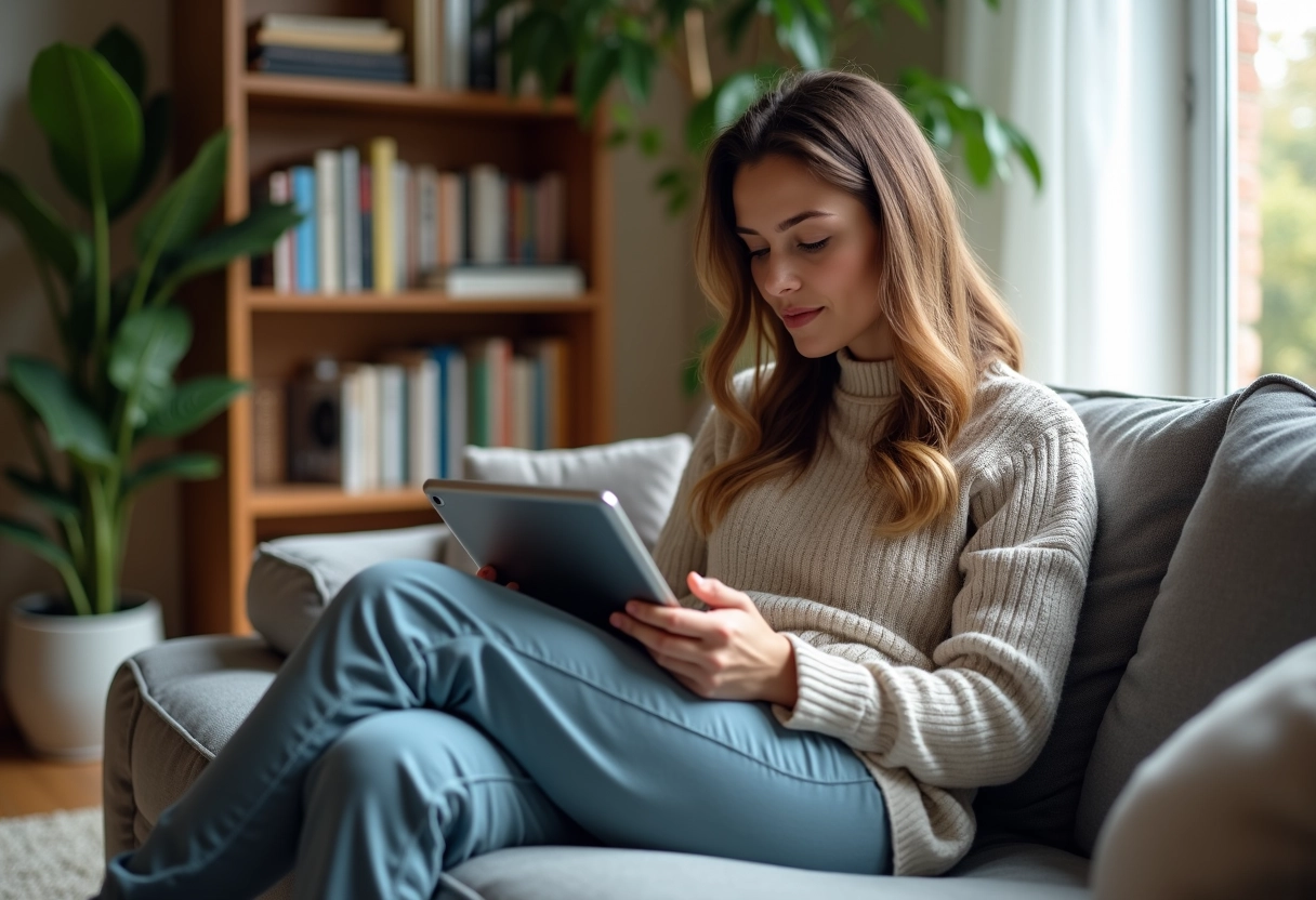 Jeune femme lit les fonctionnalités de sécurité Maisonkayro