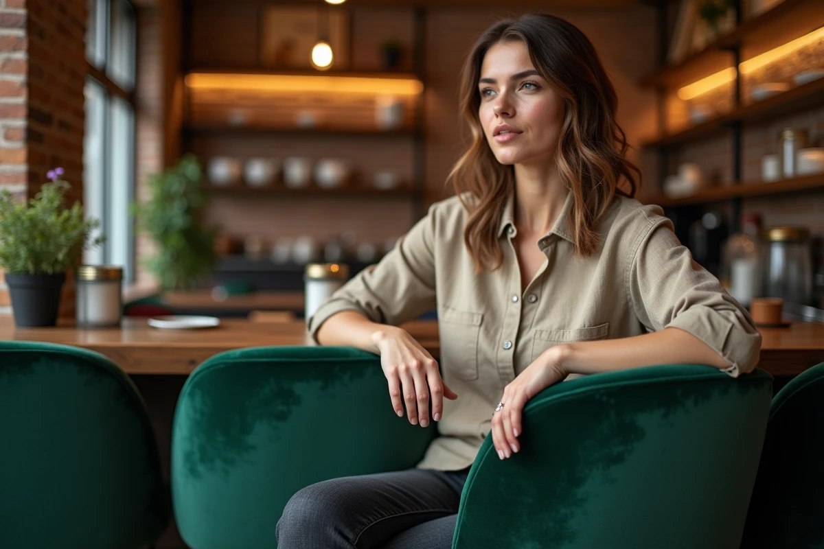 Femme assise sur un tabouret de bar recouvert de velours vert émeraude dans un café moderne au décor chaleureux