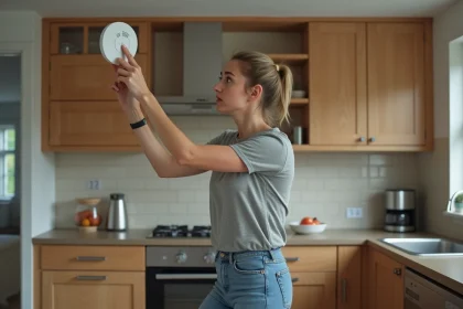 Femme appuyant sur le bouton de test d'un détecteur de fumée au plafond dans une cuisine moderne