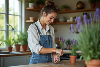 Femme en cuisine coupant une branche de lavande fraîche