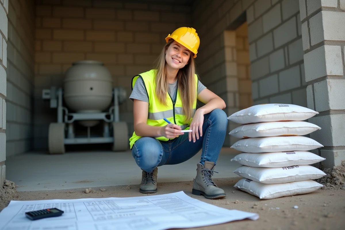Jeune femme vérifiant les quantités de ciment dans un garage