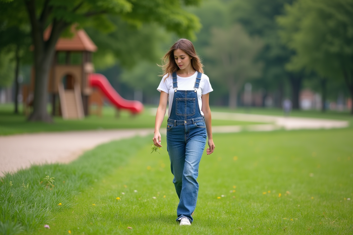 Jeune femme en salopette inspectant la pelouse dans un parc public