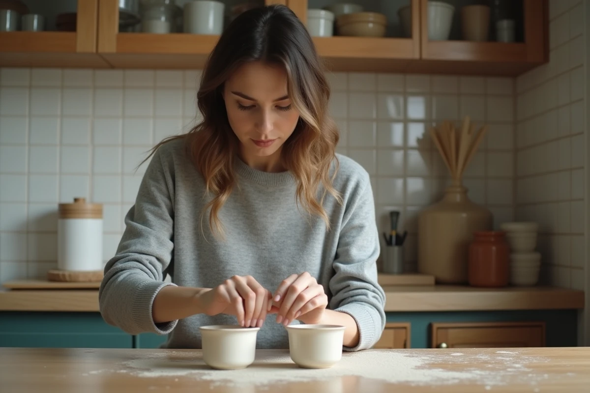 Jeune femme examine deux pi&egrave;ces de c&eacute;ramique dans la cuisine