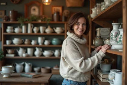Femme souriante arrangeant des c&eacute;ramiques vintage dans une boutique chaleureuse
