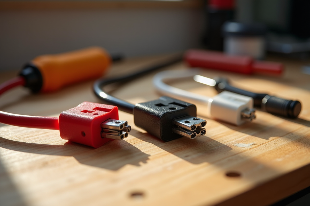 Fils électriques rouges noirs et blancs sur un plan de travail en bois