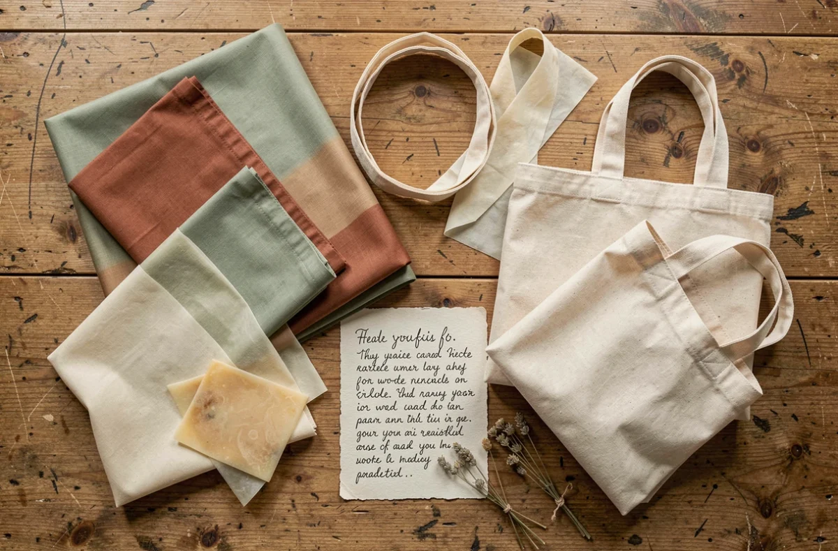 Flat lay de tissus coton enduits et accessoires zéro déchet faits main sur une table en chêne recyclé
