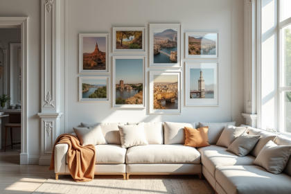 Mur de galerie avec photos éclectiques dans un salon lumineux