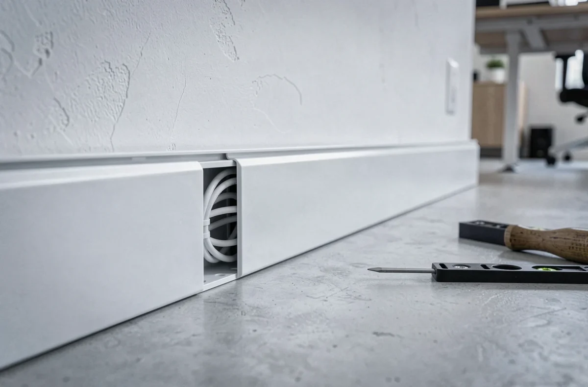 Goulotte électrique avec prise intégrée installée proprement en plinthe dans un bureau moderne