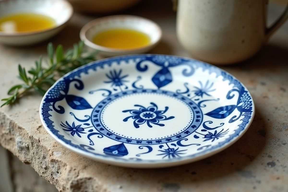 Gros plan d'une assiette en faïence de Moustiers avec motifs arabesques en bleu cobalt posée sur une surface en pierre calcaire provençale avec herbes aromatiques
