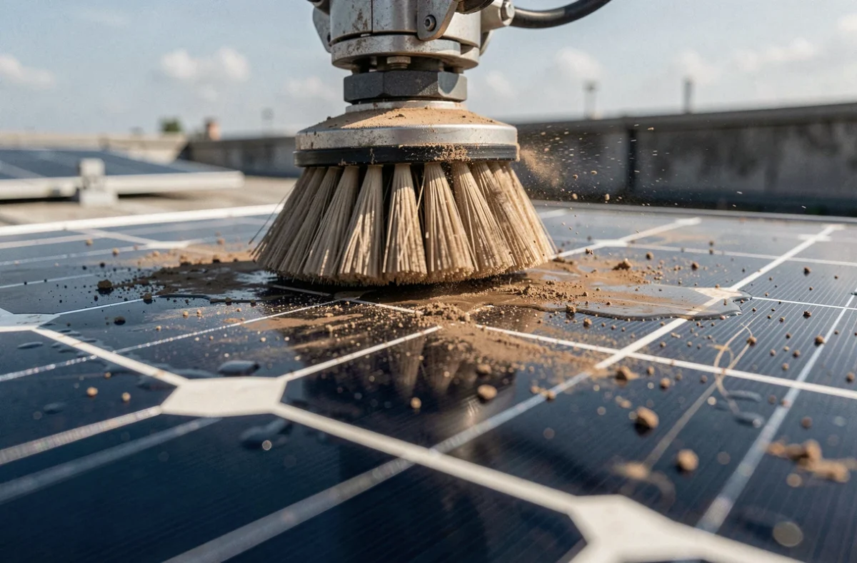 Gros plan sur la brosse d'un robot nettoyeur éliminant la poussière d'un panneau photovoltaïque