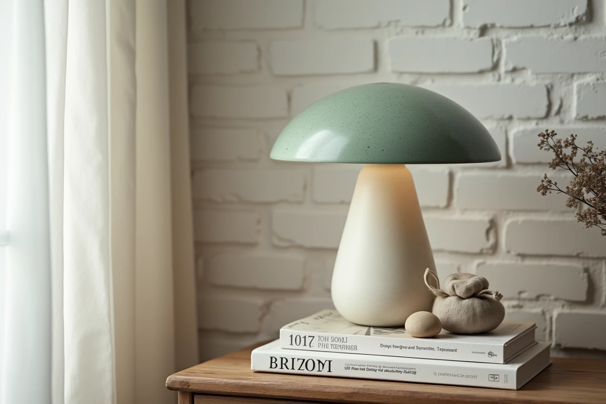 Gros plan d'une lampe de chevet champignon en céramique vert sauge posée sur une pile de livres design dans un intérieur bohème chic
