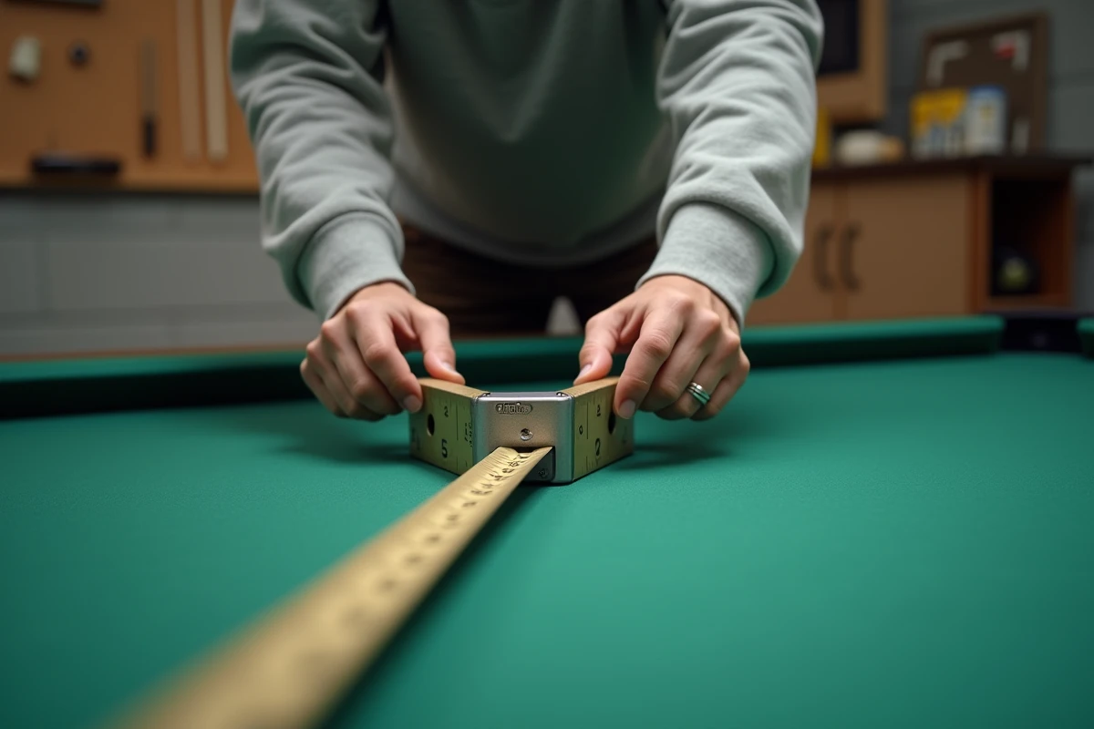 Gros plan d'un mètre ruban posé sur le tapis vert d'un billard américain pour vérifier les dimensions