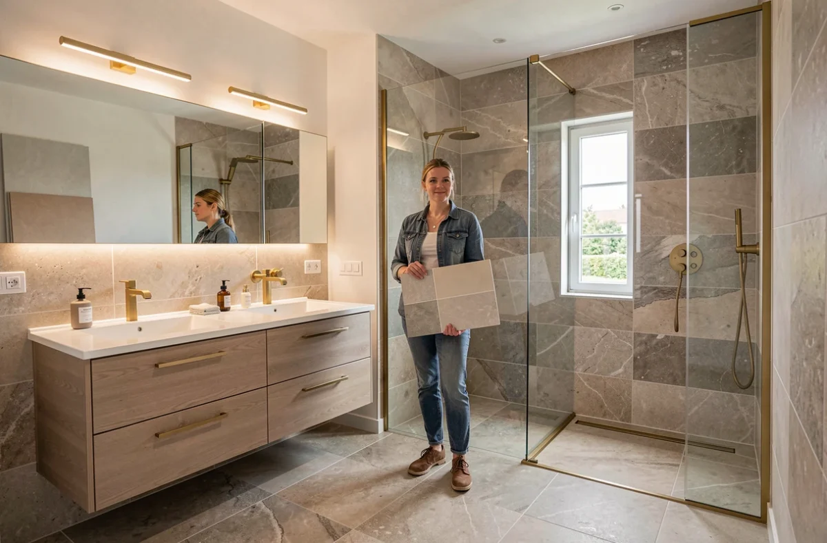 Responsable de rénovation d'Harmony Renovations présentant une salle de bain complètement rénovée avec des matériaux haut de gamme dans le Pas-de-Calais