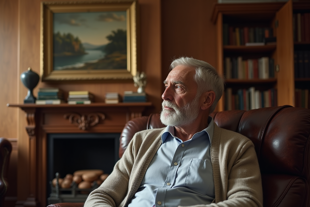 Homme âgé admirant un paysage dans un intérieur classique