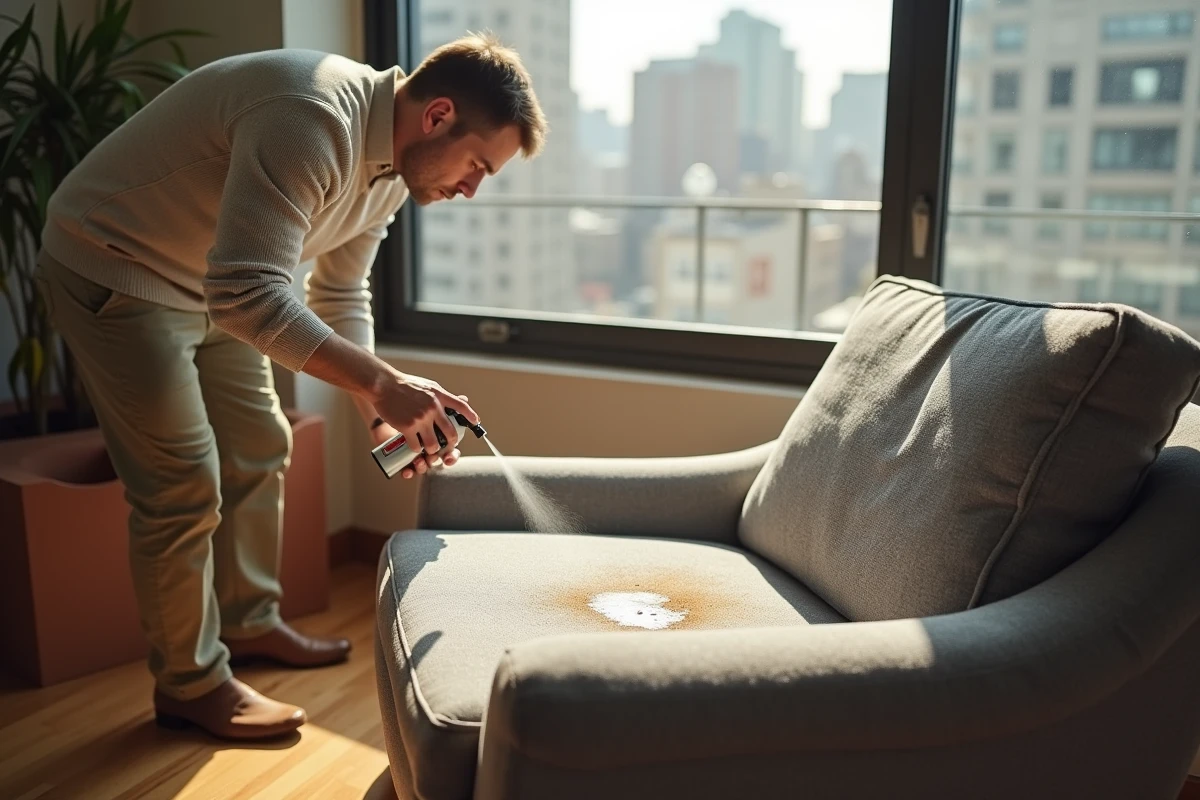 Homme vaporisant un produit contre une tache sur un fauteuil gris