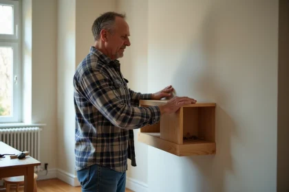 Homme d'âge moyen en plaid installe une étagère en bois