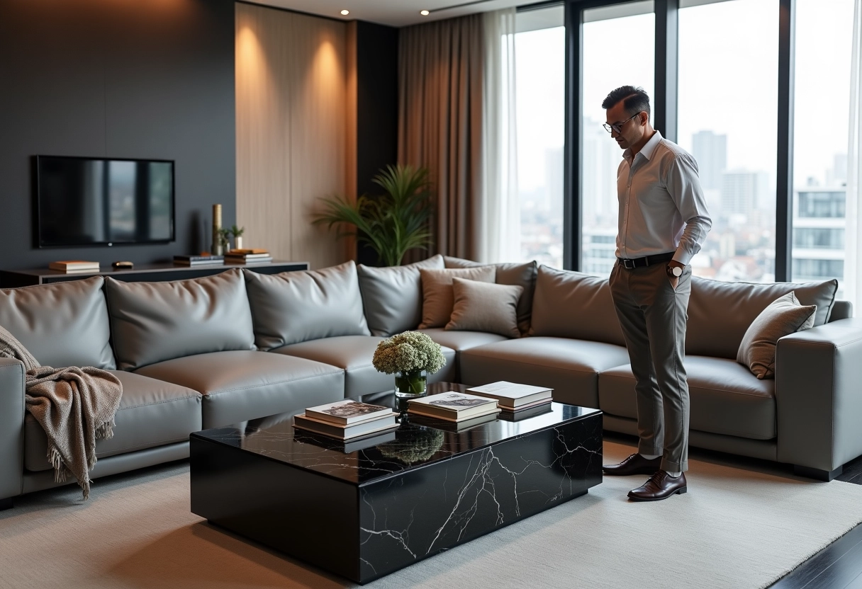 Homme arrangeant des livres d art dans un salon élégant